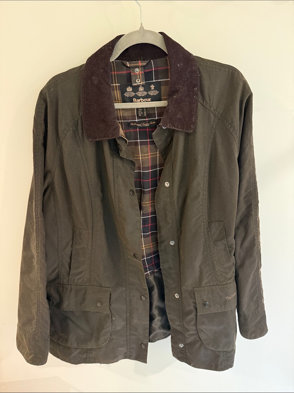 Barbour Olive Green Waxed Field Jacket with Brown Corduroy Collar